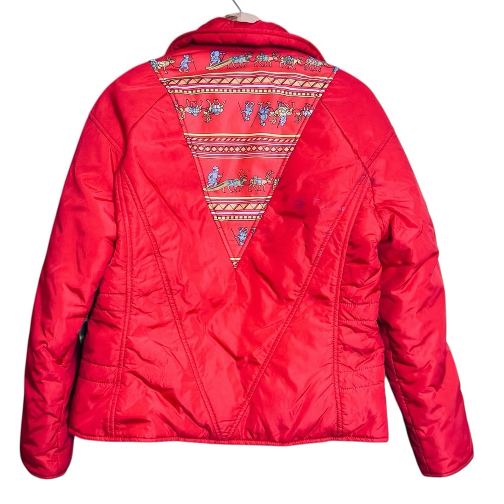 Vintage 70s 80s Obermeyer Women's Ski Red Quilted Coat Jacket Motif Print M/L